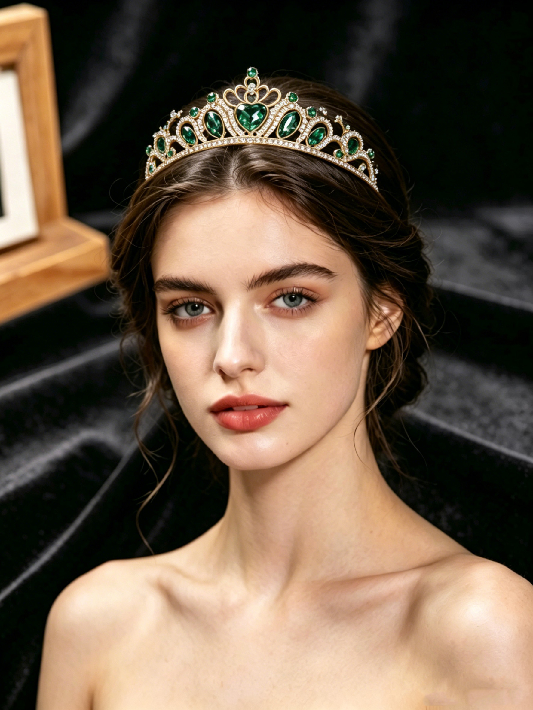 Vintage Slip Dress - Retro Heart-Shaped Emerald Green Rhinestone Crown